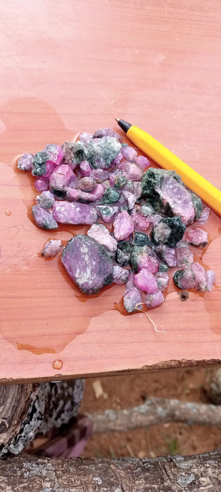 Rough stones arranged beside a pen for scale