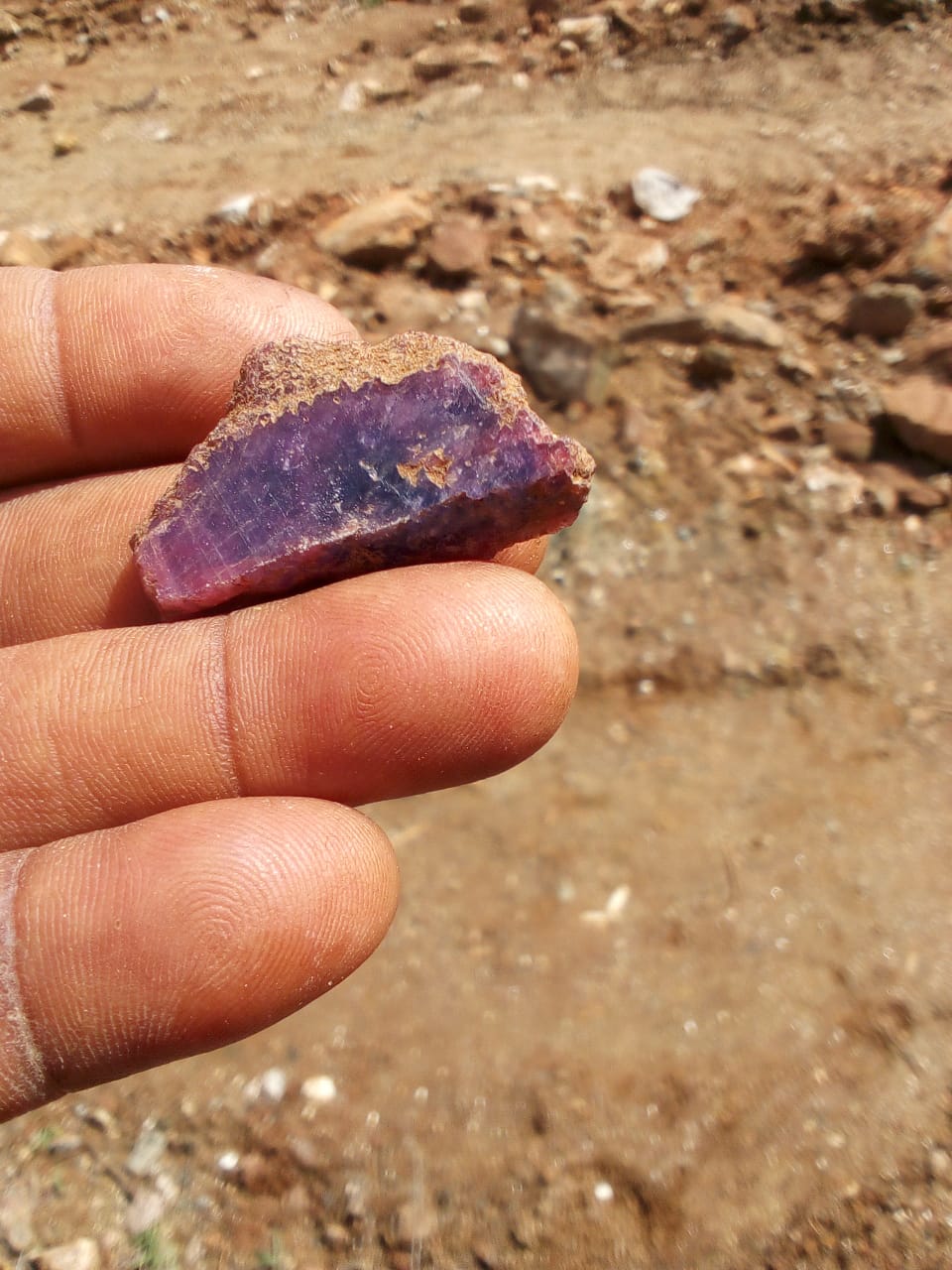 A rough purple stone held at the mining site